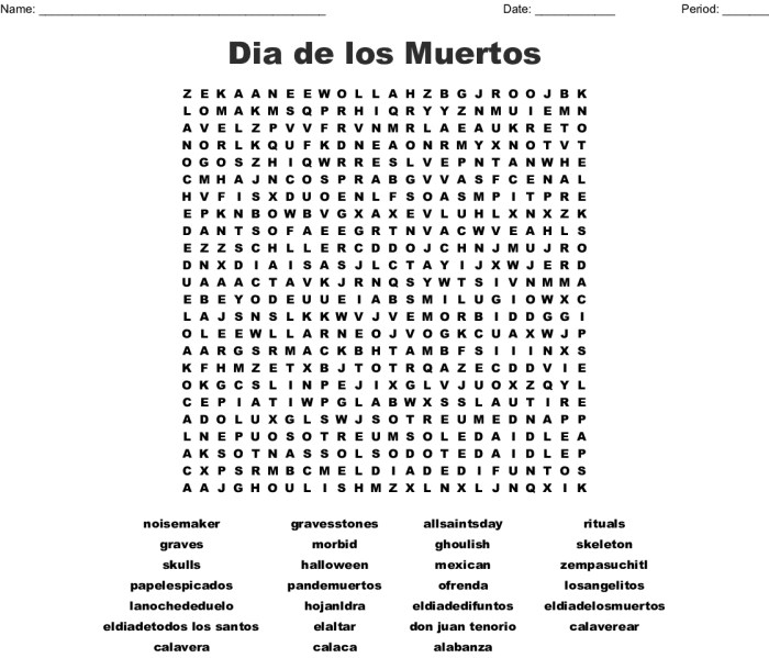 Dia de los muertos word search answer key