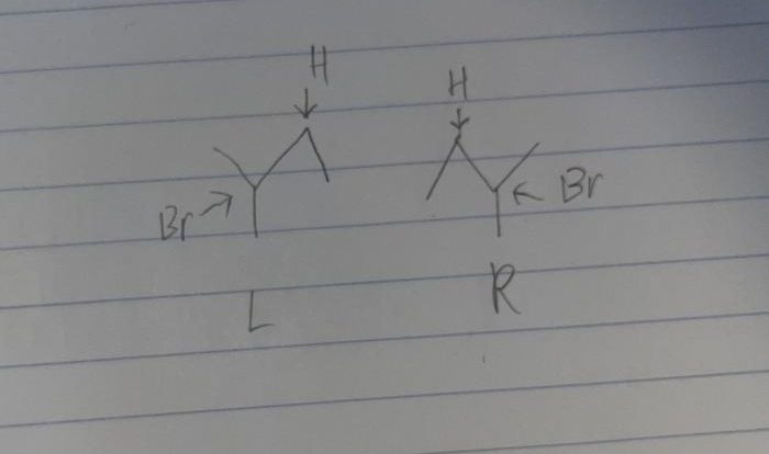 Draw the two enantiomers produced from the following hydrobromination reaction