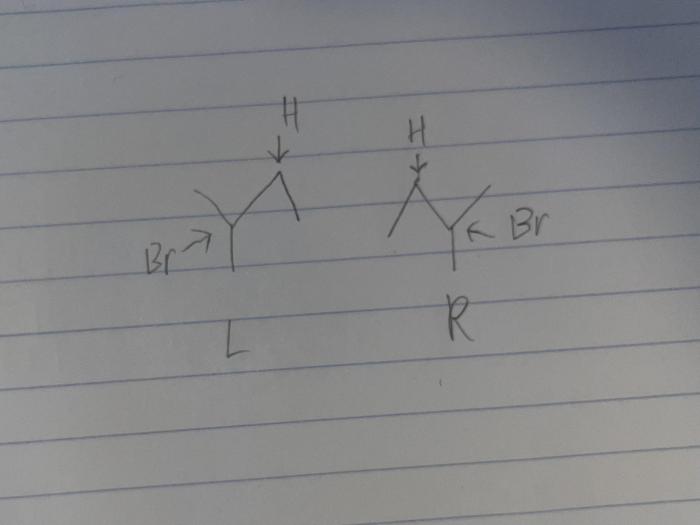 Draw the two enantiomers produced from the following hydrobromination reaction