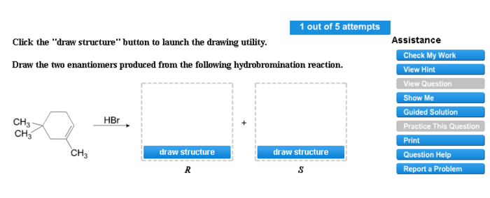 Draw the two enantiomers produced from the following hydrobromination reaction